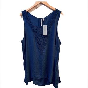 By Design Tank Scoop Neck with Crochet Trim, 2X Navy